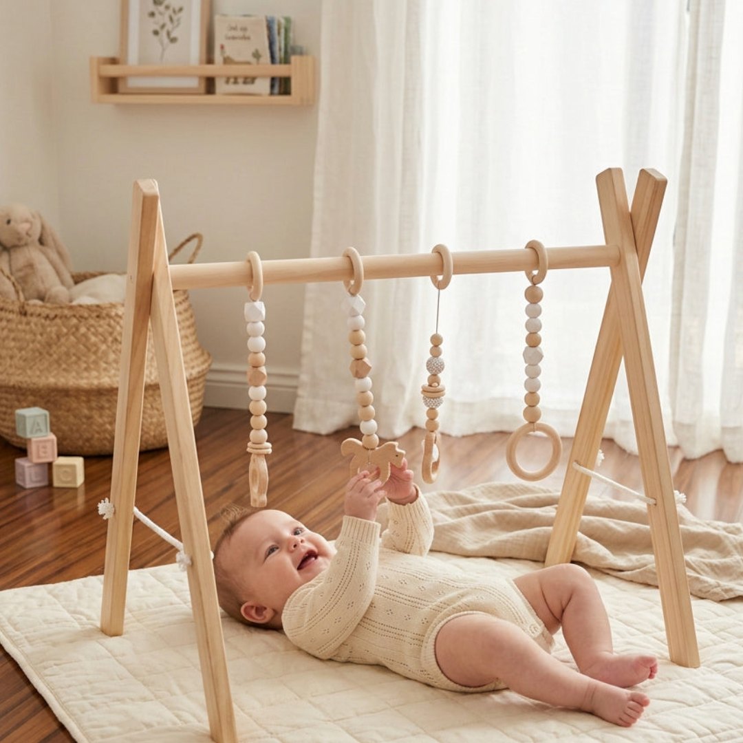 Baby playing under Bear's Busy Gym wooden play gym