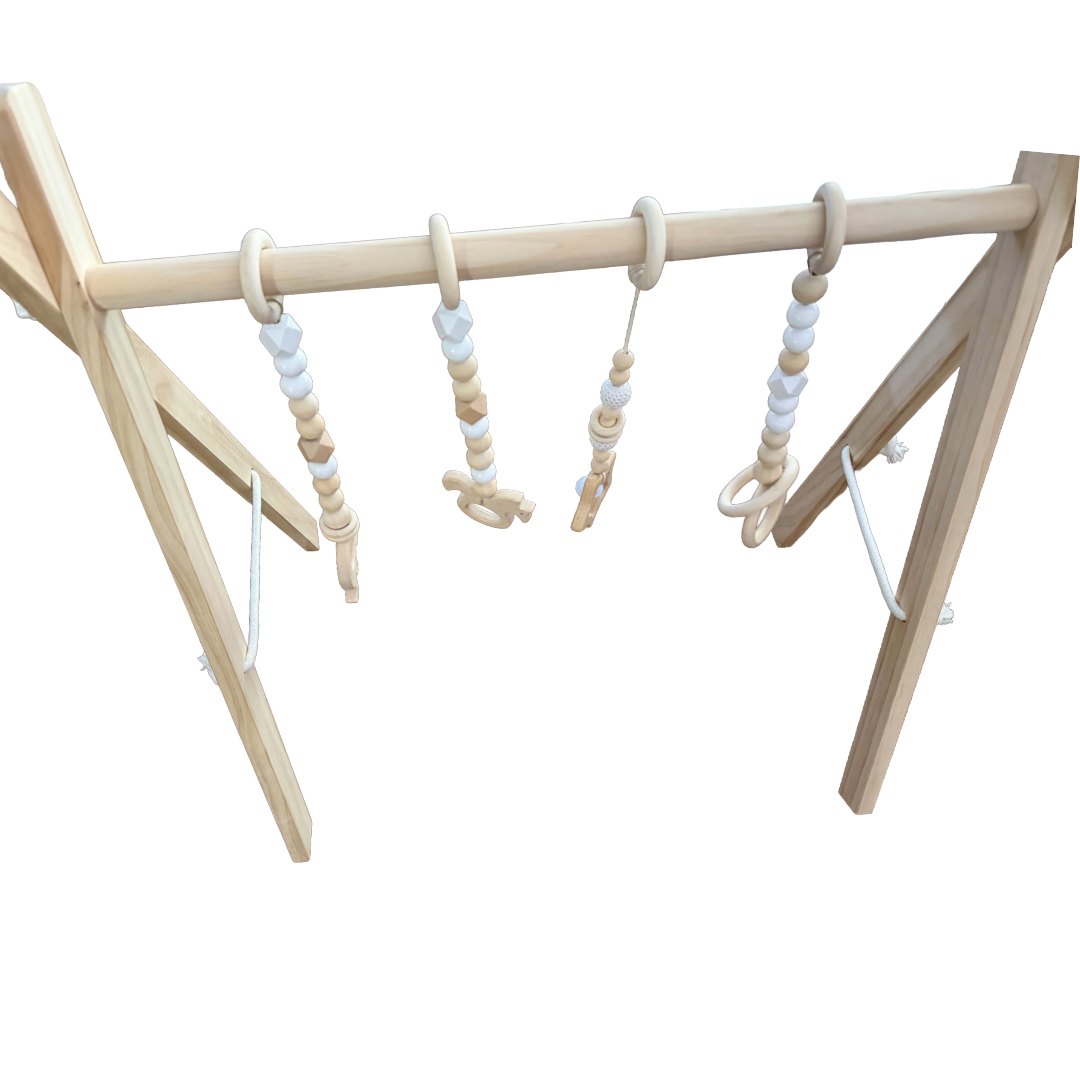 Wooden baby play gym with hanging beaded toys