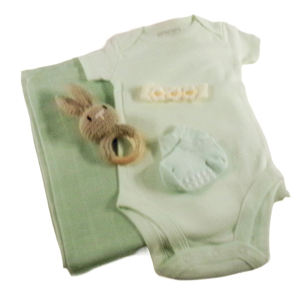 Mint Meadow Baby Bundle with muslin swaddle, onesie, headband, socks and bunny rattle