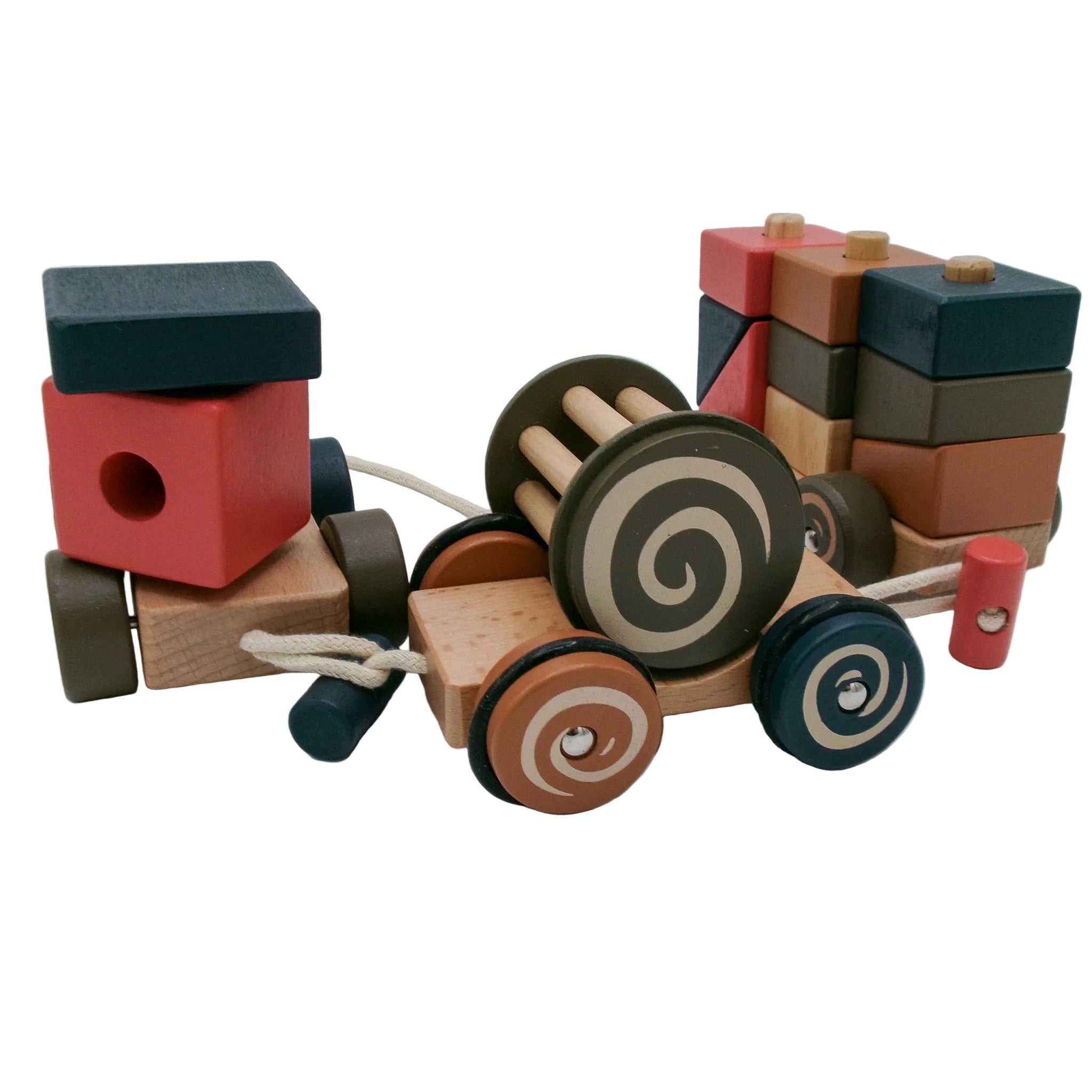 Wooden toy set with blocks and a cart on a white background