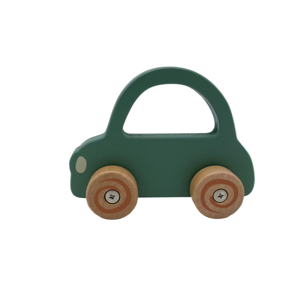 Green wooden toy car with brown wheels on a white background