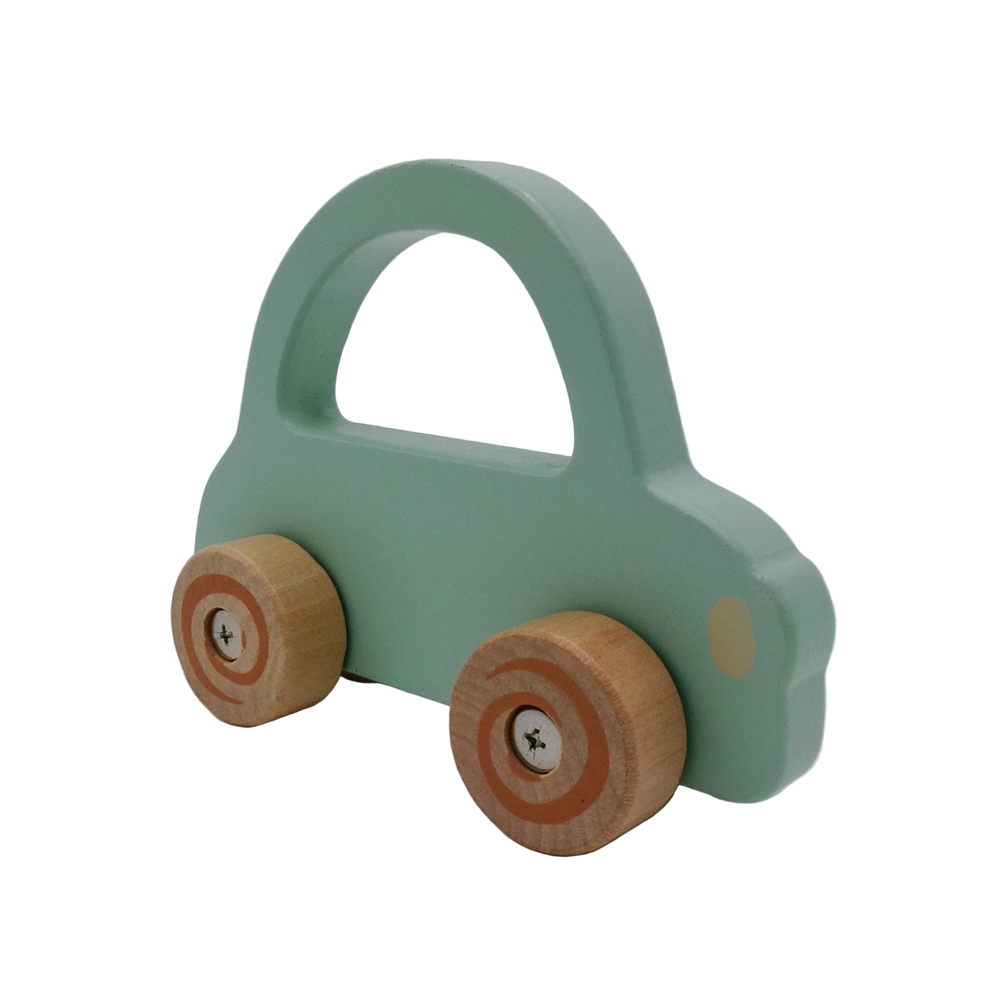 Green toy car with wooden wheels on a light gray background
