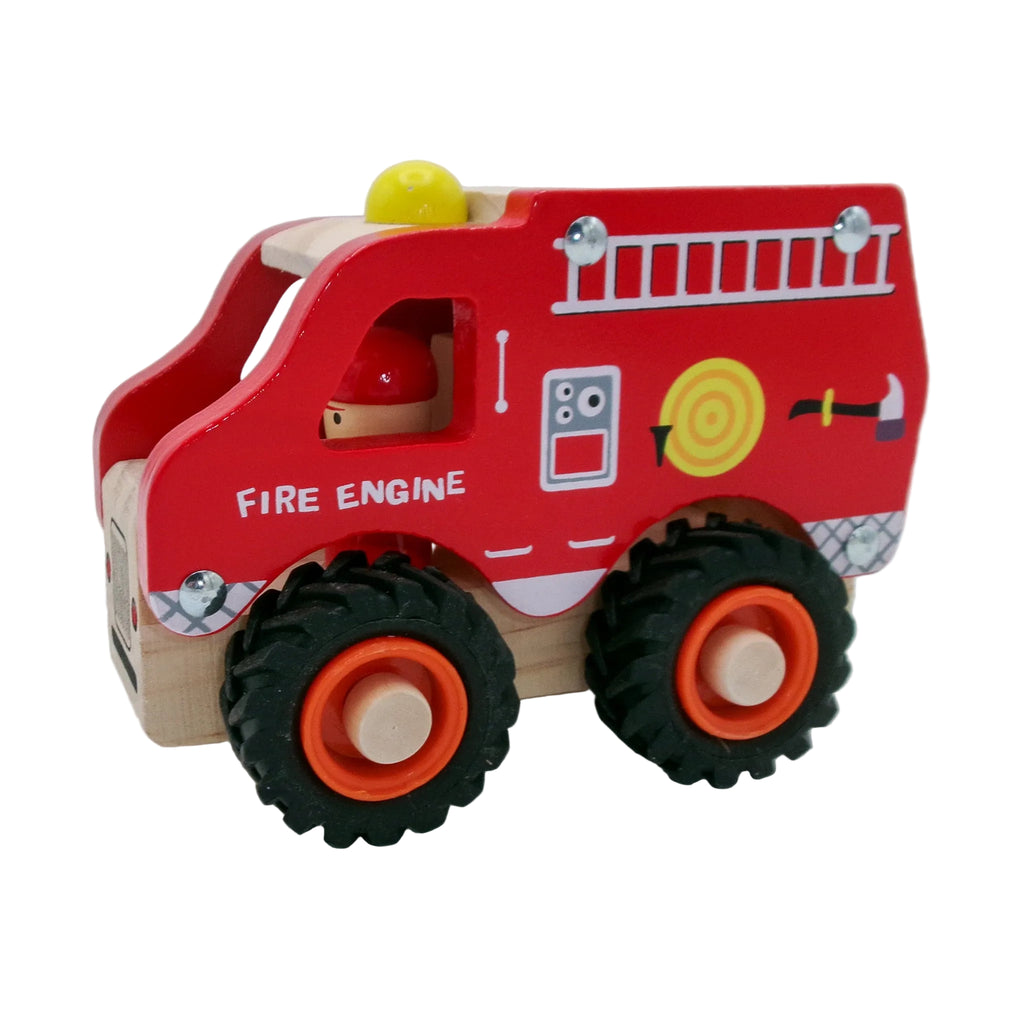 Wooden toy fire engine on a white background