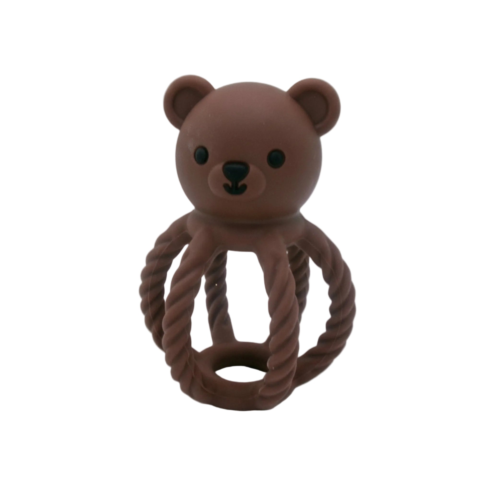 Brown bear-shaped toy with a rope on a white background