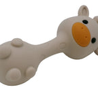 Silicone baby rattle with a face on a white background