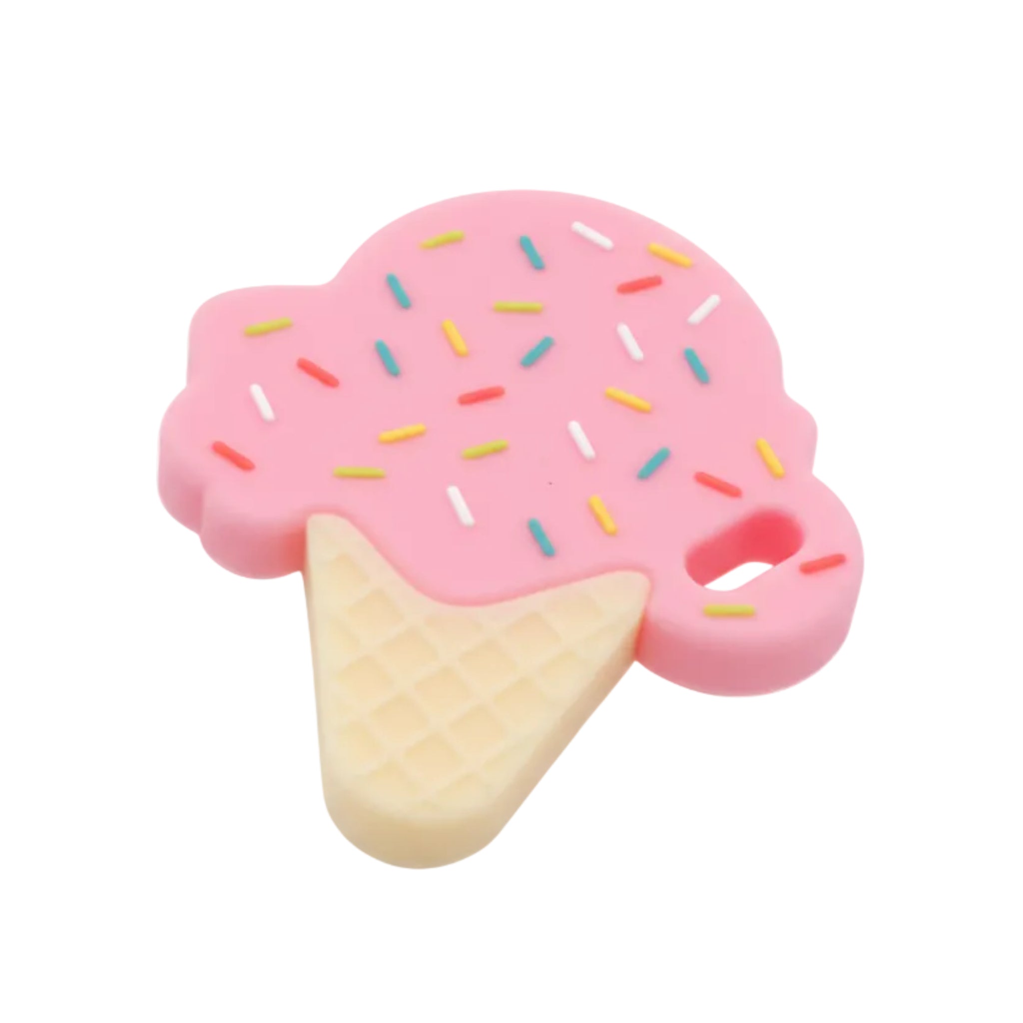 Pink ice cream cone-shaped object with colorful sprinkles on a white background