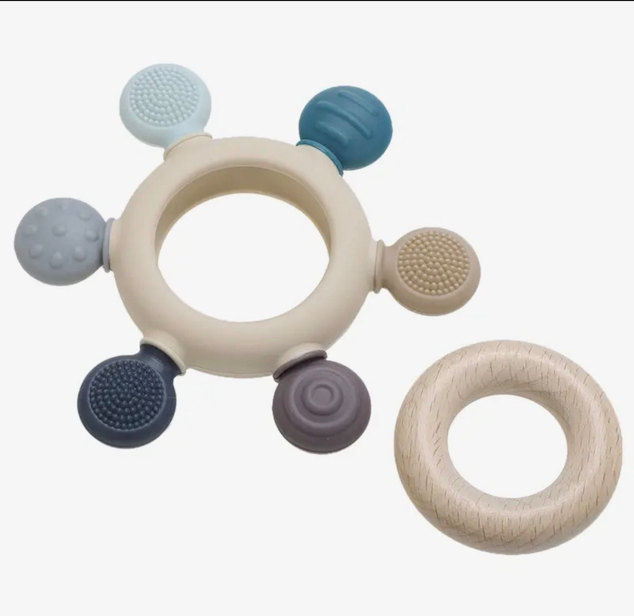 Teether Silicone/Wood Round Rainbow