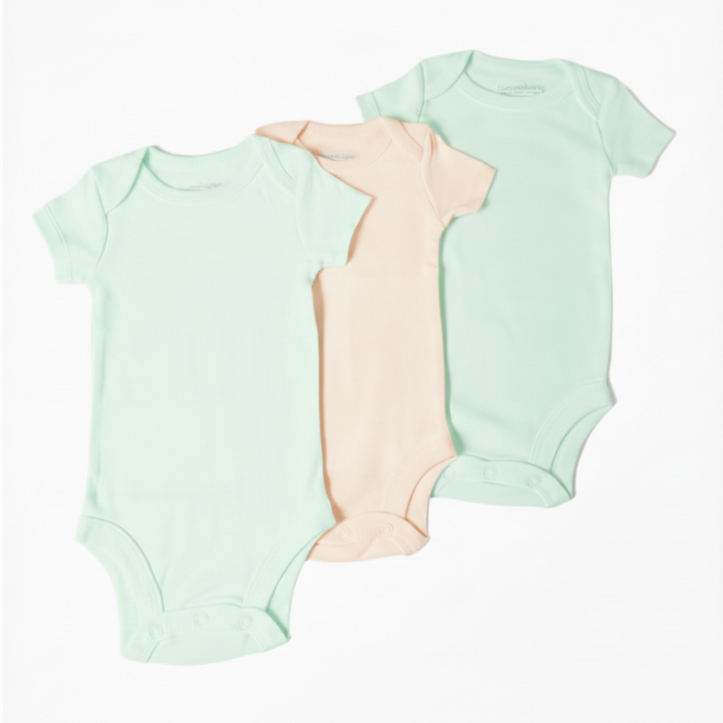 Three baby bodysuits in green and brown on a white background