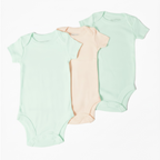 Three baby bodysuits in green and brown on a white background