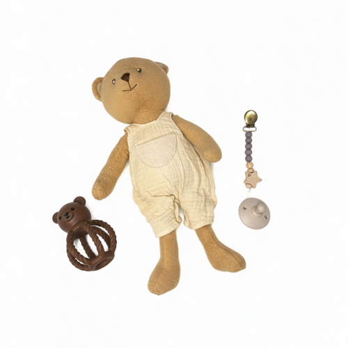 Brown teddy bear with a pacifier on a white background