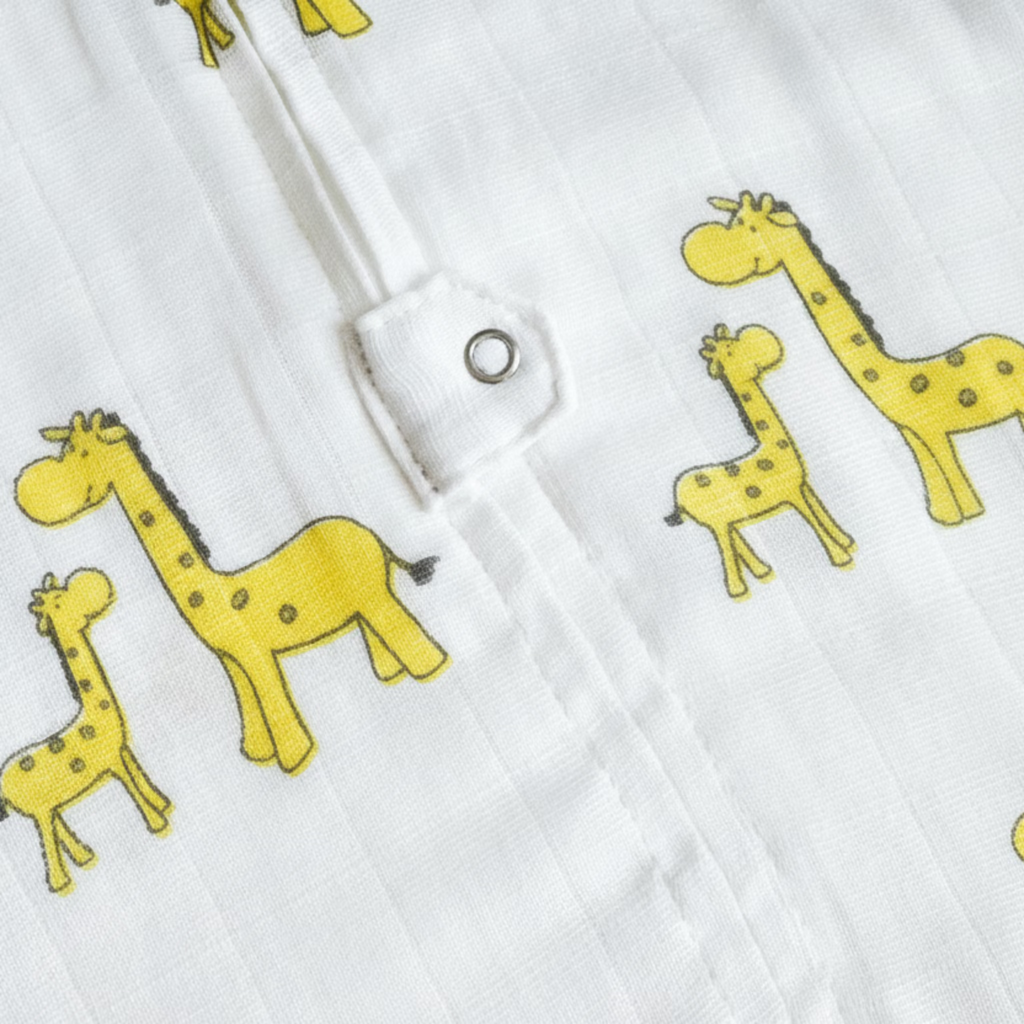 Close-up of white fabric with yellow animal prints, including giraffes and elephants.