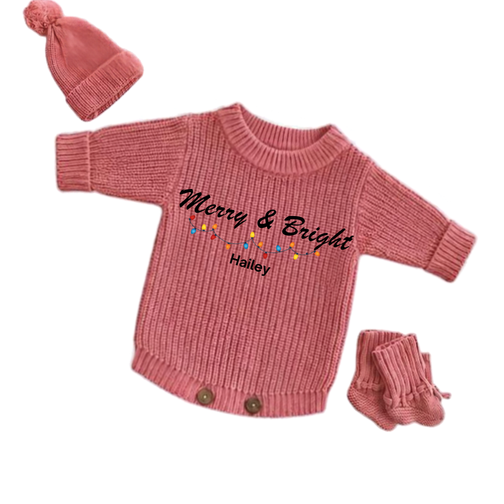 Personalized Merry & Bright Christmas Knitted Romper Set