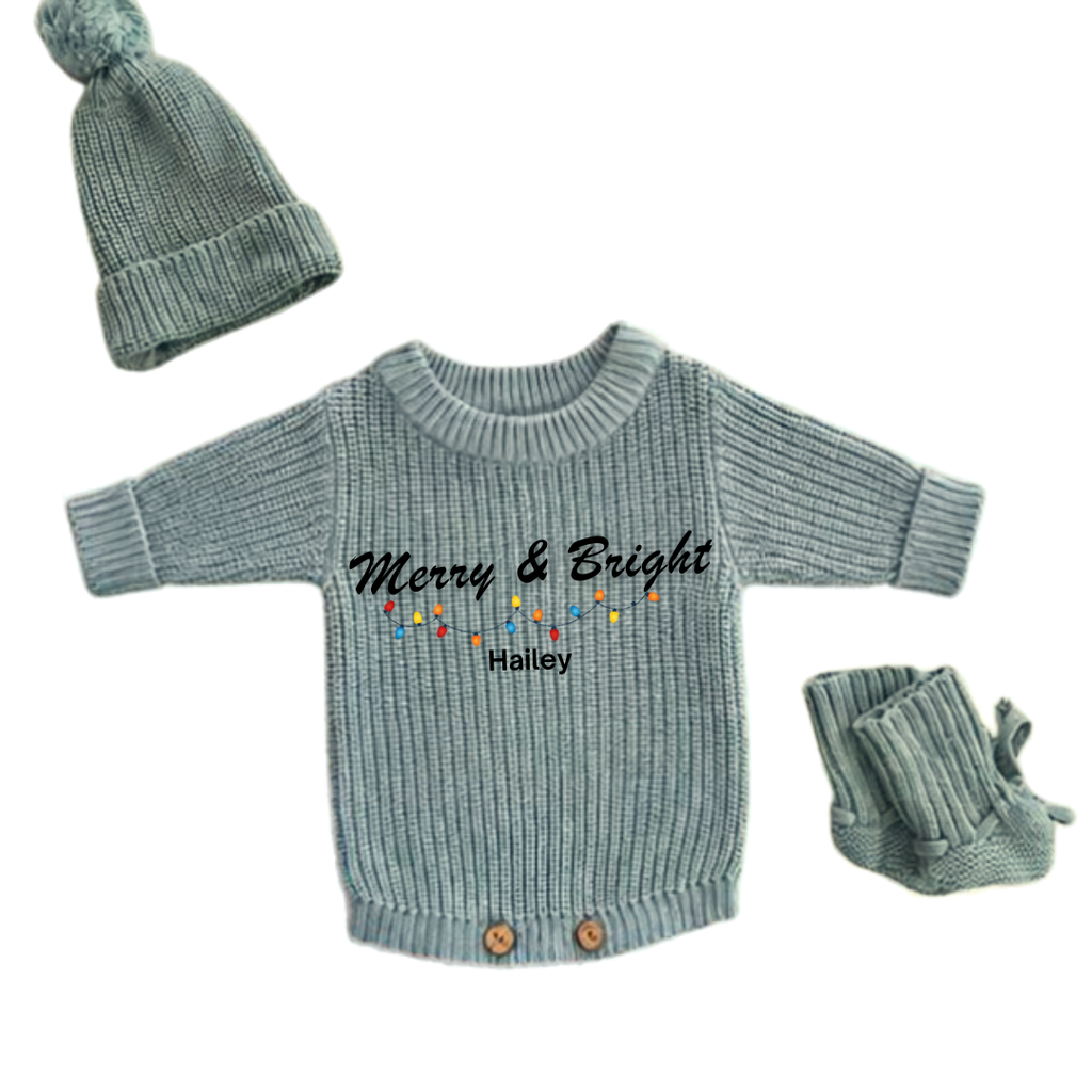 Personalized Merry & Bright Christmas Knitted Romper Set