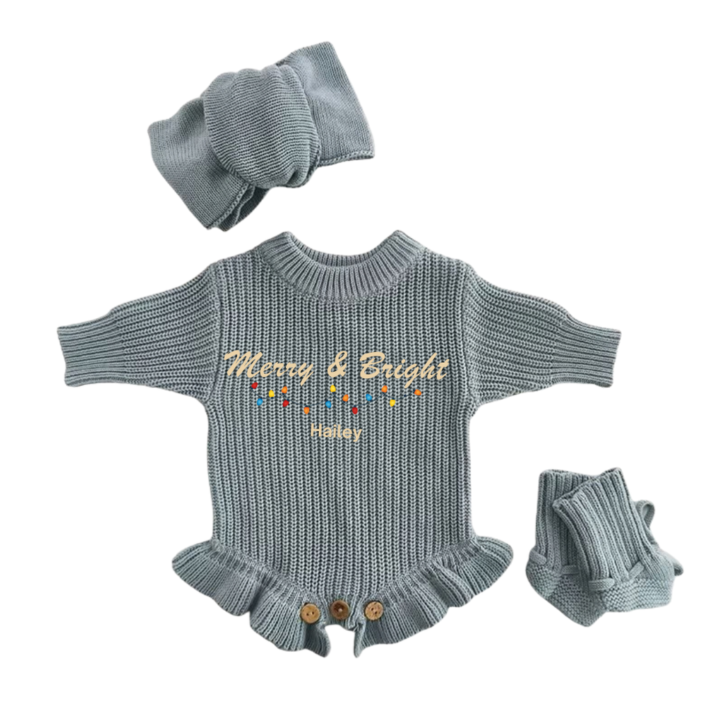 Personalized Merry & Bright Christmas Knitted Romper Set