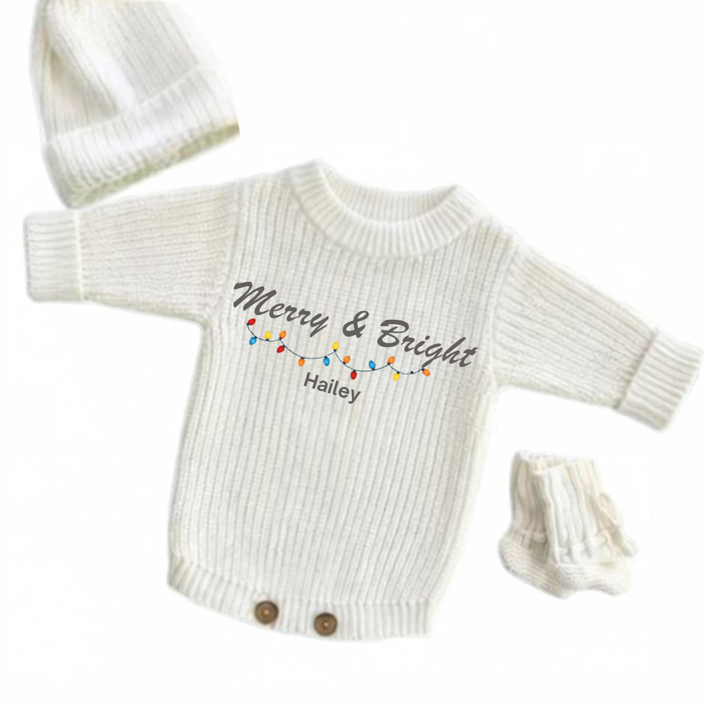 Personalized Merry & Bright Christmas Knitted Romper Set