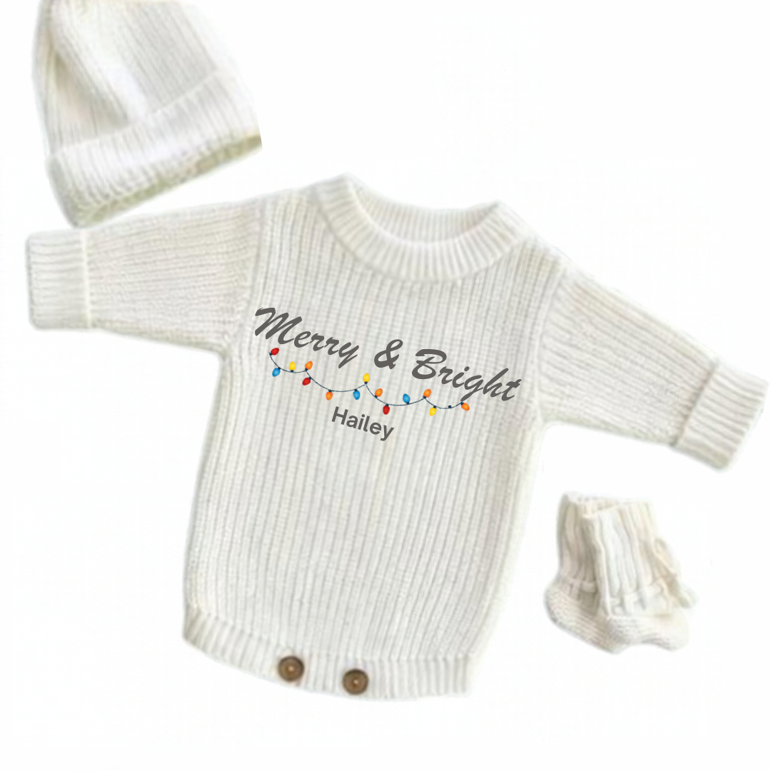 Personalized Merry & Bright Christmas Knitted Romper Set