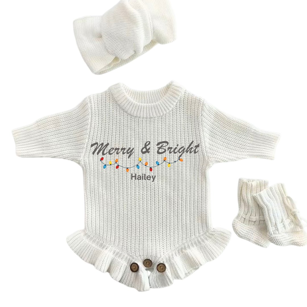 Personalized Merry & Bright Christmas Knitted Romper Set