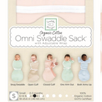 Organic Cotton Omni Swaddle Sack packaging with baby illustrations on a white background