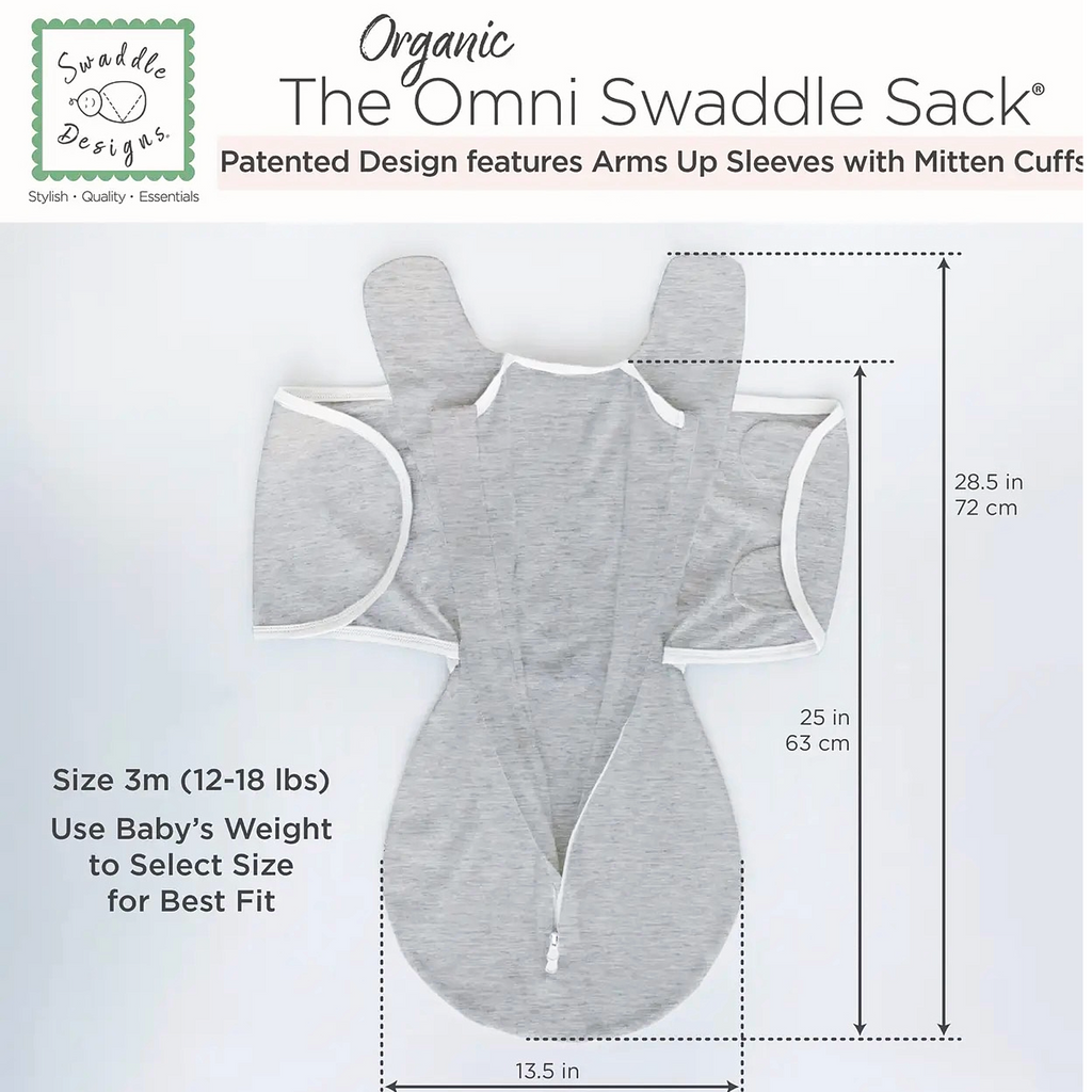 Gray swaddle sack with measurements and product details on a white background