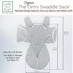 Gray swaddle sack with measurements and product details on a white background