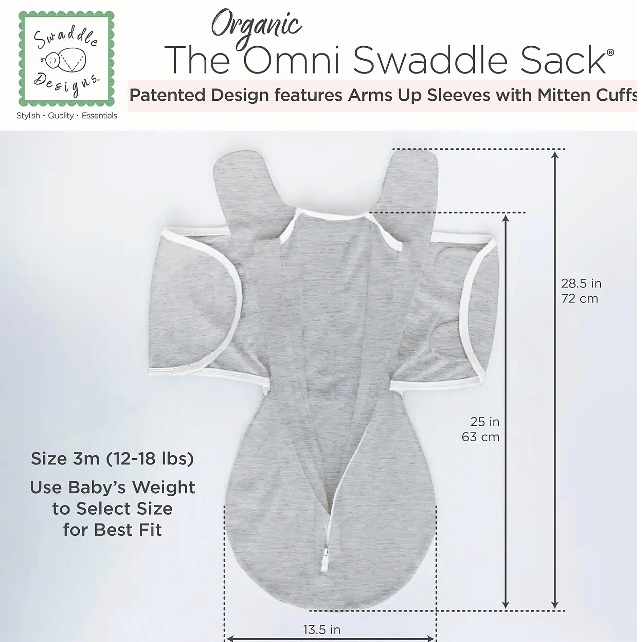 Gray swaddle sack with measurements and product details on a white background