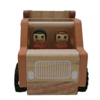 Wooden toy truck with two figurines inside on a white background
