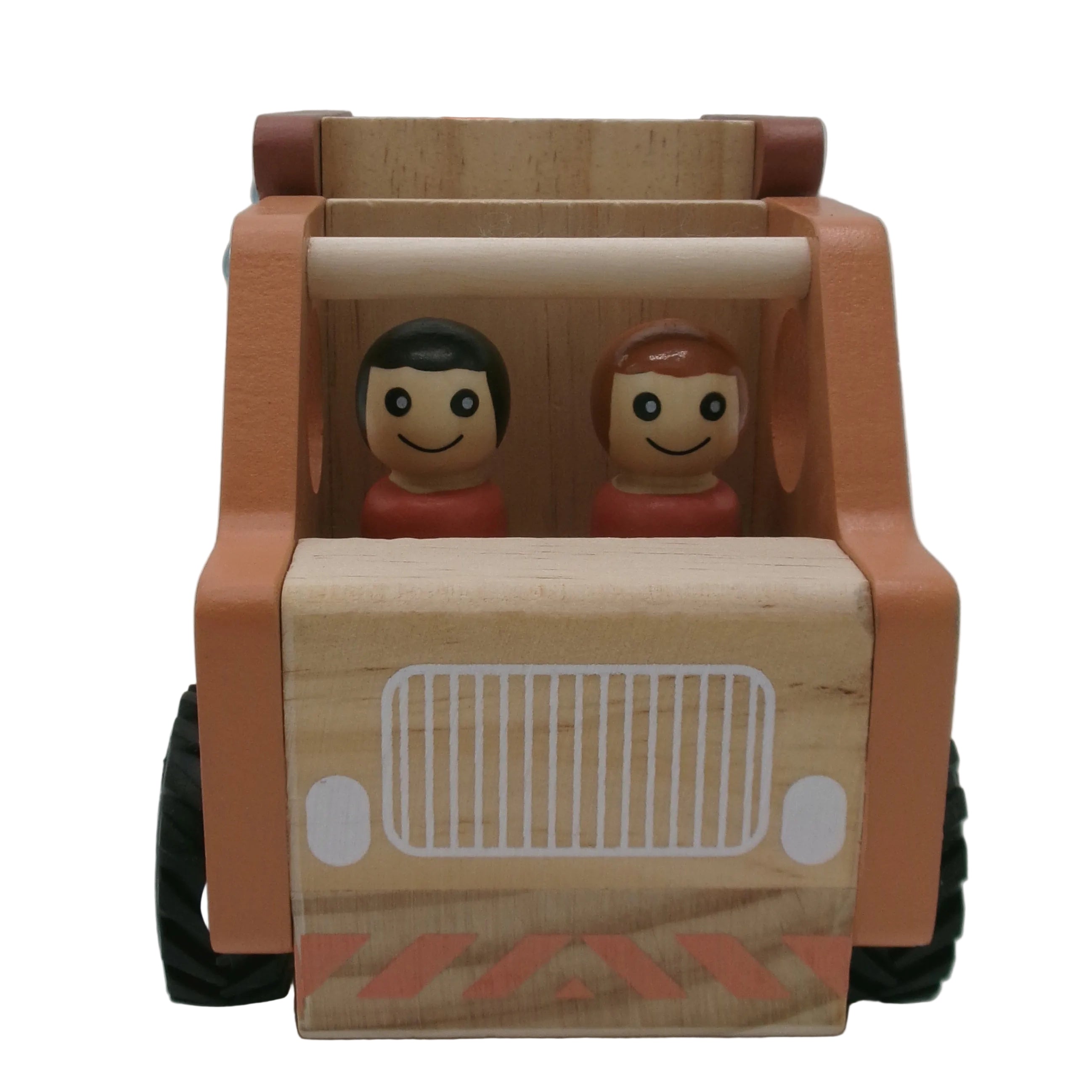 Wooden toy truck with two figurines inside on a white background