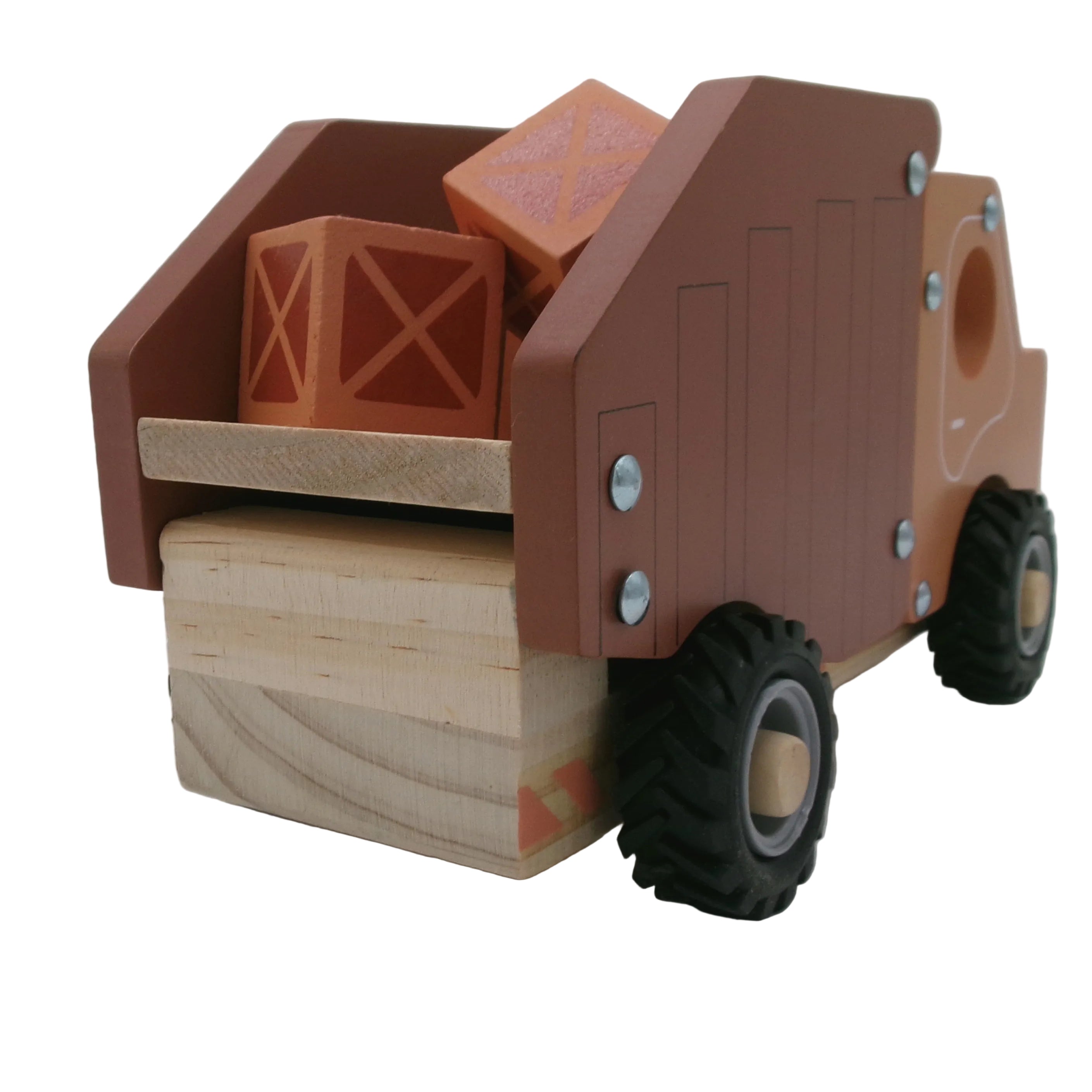 Wooden toy truck with a brown body and black wheels on a white background