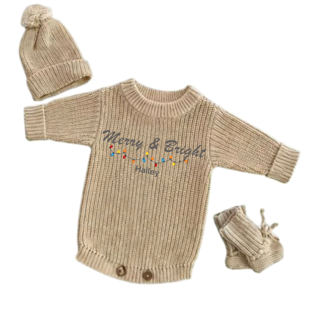 Personalized Merry & Bright Christmas Knitted Romper Set
