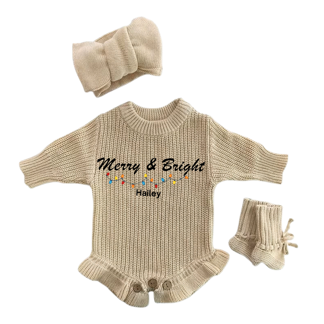 Personalized Merry & Bright Christmas Knitted Romper Set