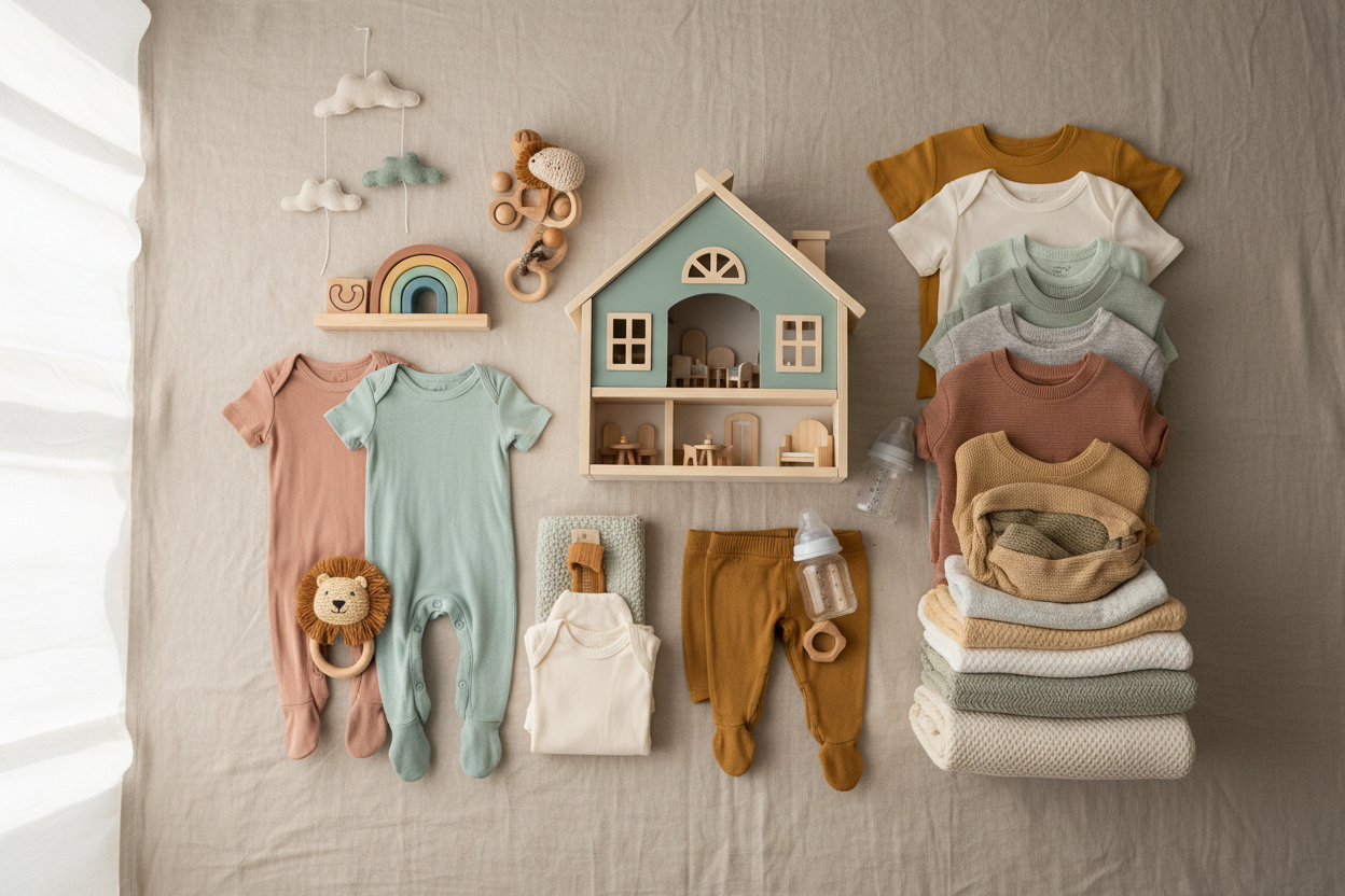neutral photo with toys, newborn and toddler clothing, baby essentials and dollhouses for boys and girls